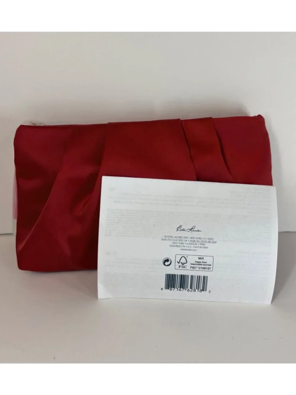 Estee Lauder Makeup Cosmetic Bag Red Satin Pleated with Pink Tassel Zipper